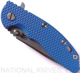 Rick Hinderer Knives XM-18 3.5" Spanto folding knife with thumb stud and flipper tab - shown closed presentation side.  Stonewash 20CV stainless steel plain edge blade.  Blue G-10 handle with stonewash lock side.  Model K2002SGS00.