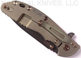 Rick Hinderer Knives Vintage Series XM-24 Spear Point folding knife with thumb stud and flipper tab - shown closed lock side.  Black O-1 steel plain edge blade.  Textured Walnut handle with Battle Green lock side.  Model K3083S0VT00.
For reference only.