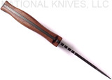Rick Hinderer Knives Vintage Series The Ranch Harpoon Spanto fixed blade knife - shown out of sheath top view.  Black O-1 steel plain edge blade.  Wood handle.  Model K605R2S0VT. 
For reference only.