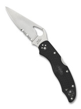 Byrd Harrier 2 folding knife with thumb slot - shown open presentation side.  Satin 8Cr13MoV stainless steel combo edge blade.  Black FRN handle.  Model BY01PSBK2.