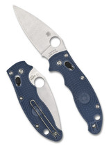 Spyderco Manix 2 Lightweight folding knife with thumb hole - shown both open presentation side and closed pocket clip side.  S110V stainless steel plain edge blade.  Dark blue FRCP handle.  Model C101PDBL2.