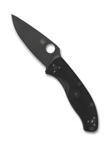 Spyderco Tenacious folding knife with thumb hole - shown open presentation side.  Black 8Cr13MoV stainless steel plain edge blade.  Black FRN handle.  Model C122PBBK.