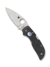 Spyderco Chaparral Sun & Moon folding knife with thumb hole - shown open presentation side.  Satin CTS-XHP stainless steel plain edge blade. Black and white G-10  handle.  Model C152GSMP.
For reference only.