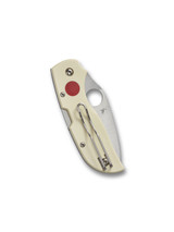 Spyderco Chaparral Sun & Moon folding knife with thumb hole - shown closed pocket clip side.  Satin CTS-XHP stainless steel plain edge blade. Black and white G-10  handle.  Model C152GSMP.
For reference only.
