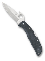 Spyderco Endela folding knife with thumb hole and Emerson Wave opener - shown open presentation side.  Satin VG-10 stainless steel plain edge blade.  Gray FRN handle.  Model C243PGYW.