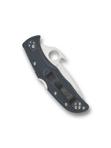 Spyderco Endela folding knife with thumb hole and Emerson Wave opener - shown closed pocket clip side.  Satin VG-10 stainless steel plain edge blade.  Gray FRN handle.  Model C243PGYW.