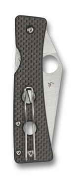 Spyderco Watu folding knife with thumb hole - shown closed pocket clip side.  Satin 20CV stainless steel plain edge blade.  Black carbon fiber and G-10 laminate handle.  Model C251CFP.