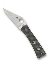 Spyderco Watu folding knife with thumb hole - shown open presentation side.  Satin 20CV stainless steel plain edge blade.  Black carbon fiber and G-10 laminate handle.  Model C251CFP.