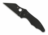 Spyderco Yojimbo 2 folding knife with thumb hole - shown open presentation side.  Black S30V stainless steel plain edge blade.  Black G-10 handle. Model C85GPBBK2.