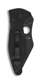 Spyderco Yojimbo 2 folding knife with thumb hole - shown closed pocket clip side.  Black S30V stainless steel plain edge blade.  Black G-10 handle. Model C85GPBBK2.