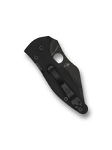 Spyderco Yojimbo 2 folding knife with thumb hole - shown closed pocket clip side.  Black S30V stainless steel plain edge blade.  Black G-10 handle. Model C85GPBBK2.