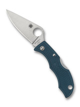 Spyderco Ladybug 3 folding knife with thumb hole - shown open obverse.  Satin K390 steel plain edge blade.  Blue FRN handle.  Model LFP3K390.