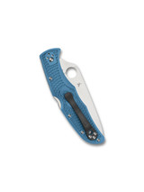 Spyderco Endura 4 folding knife with thumb hole - shown closed pocket clip side.  Satin VG-10 stainless steel plain edge blade.  Blue FRN handle.  Model C10FPBL.