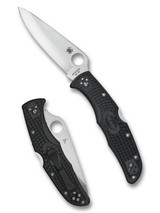 Spyderco Endura 4 folding knife with thumb hole - shown open presentation side and closed pocket clip side. Satin VG-10 stainless steel, saber ground, plain edge blade. Black FRN handle. Model C10PBK.
Spyderco Endura 4 folding knife with thumb hole - shown open presentation side and closed pocket clip side. Satin VG-10 stainless steel, saber ground, plain edge blade. Black FRN handle. Model C10PBK.