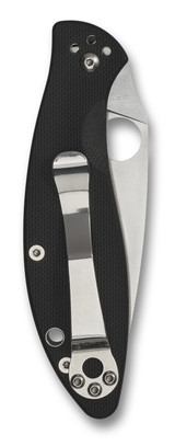 Spyderco Astute folding knife with thumb hole - shown closed pocket clip side.  Satin 8Cr13MoV stainless steel plain edge blade.  Black G-10 handle.  Model C252GP.