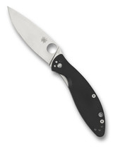 Spyderco Astute folding knife with thumb hole - shown open presentation side.  Satin 8Cr13MoV stainless steel plain edge blade.  Black G-10 handle.  Model C252GP.