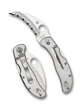 Spyderco Harpy folding knife with thumb hole - shown both open presentation side and closed pocket clip side.  Satin VG-10 stainless steel serrated edge blade.  Stainless steel handle.  Model C08S.