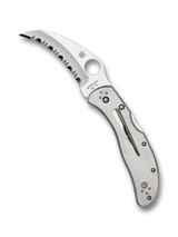 Spyderco Harpy folding knife with thumb hole - shown open presentation side.  Satin VG-10 stainless steel serrated edge blade.  Stainless steel handle.  Model C08S.