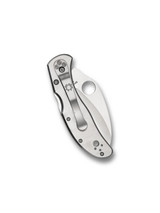 Spyderco Harpy folding knife with thumb hole - shown closed pocket clip side.  Satin VG-10 stainless steel serrated edge blade.  Stainless steel handle.  Model C08S.