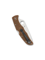 Spyderco Endura 4 folding knife with thumb hole - shown closed pocket clip side.  Satin VG-10 stainless steel plain edge blade.  Brown FRN handle.  Model C10FPBN.
For reference only.
