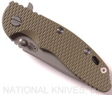 Rick Hinderer Knives XM-18 3.5" Spear Point folding knife with thumb stud and flipper tab - shown closed presentation side.  Working Finish 20CV stainless steel plain edge blade.  OD green G-10 handle with Battle Bronze lock side.  Model K2082SGW00.