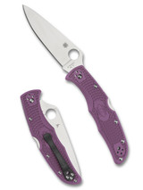 Spyderco Endura 4 folding knife with thumb hole - shown open presentation side and closed pocket clip side. Satin VG-10 stainless steel plain edge blade. Purple FRN handle. Model C10FPPR. Spyderco Endura 4 folding knife with thumb hole - shown open presentation side and closed pocket clip side. Satin VG-10 stainless steel plain edge blade. Purple FRN handle. Model C10FPPR.