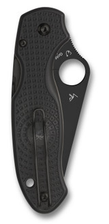 Spyderco Para 3 Salt folding knife with thumb hole - shown closed pocket clip side.  Black CTS-BD1N stainless steel serrated edge blade.  Black FRN handle.  Model C223SBBK.