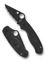 Spyderco Para 3 Salt folding knife with thumb hole - shown open presentation side and closed pocket clip side.  Black CTS-BD1N stainless steel serrated edge blade.  Black FRN handle.  Model C223SBBK.