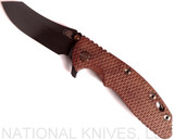 Rick Hinderer Knives Vintage Series XM-18 3.5" Skinner folding knife with thumb stud and flipper tab - shown open presentation side.  Black O-1 steel plain edge blade.  Textured Walnut handle with Battle Green titanium lock side.  Model K2042S0VT00.
For reference only.