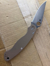 Used Spyderco Military 2 Sprint Run folding knife with thumb hole - shown open presentation side.  Stonewash 15V steel plain edge blade.  Brown G-10 handle.  Model C36GPBN15V2.