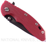 Rick Hinderer Knives XM-18 3.5" Spanto folding knife with thumb stud and flipper tab - shown closed presentation side.  Battle Black 20CV stainless steel plain edge blade.  Red G-10 handle with Battle Black lock side.  Model K2002SGDSW.