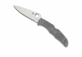 Spyderco Endura 4 folding knife with thumb hole - shown open presentation side.  Satin VG-10 stainless steel plain edge blade.  Gray FRN handle.  Model C10FPGY.