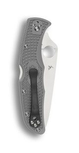 Spyderco Endura 4 folding knife with thumb hole - shown closed pocket clip side.  Satin VG-10 stainless steel plain edge blade.  Gray FRN handle.  Model C10FPGY.