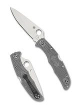 Spyderco Endura 4 folding knife with thumb hole - shown open presentation side and closed pocket clip side. Satin VG-10 stainless steel plain edge blade. Gray FRN handle. Model C10FPGY. Spyderco Endura 4 folding knife with thumb hole - shown open presentation side and closed pocket clip side. Satin VG-10 stainless steel plain edge blade. Gray FRN handle. Model C10FPGY.
