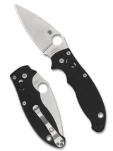 Spyderco Manix 2 folding knife with thumb hole - shown both open presentation side and closed pocket clip side.  S30V stainless steel plain edge blade.  Black G-10 handle.  Model C101GP2.