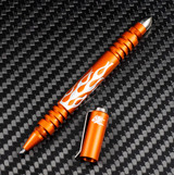 Rick Hinderer Knives Investigator ink pen - shown with cap off.  Flames matte orange aluminum construction.  Model P5801FA4ORA.

