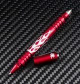 Rick Hinderer Knives Investigator ink pen - shown with cap off.  Flames matte red aluminum construction.  Model P5801FA4RDA.
