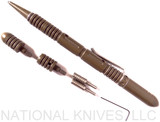 Rick Hinderer Knives Modular Kubaton Deluxe Pen Set - shown with parts laying next to each other.  Battle Flat Dark Earth (FDE) aluminum construction.  Model P5804004DL.
For reference only.