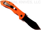Emerson Knives Market Skinner BTS folding knife with thumb disk and Emerson Wave opener - shown open pocket clip side.  Black 154CM stainless steel combo edge blade.  Orange G-10 handle.  Model MS-BTS-OR.