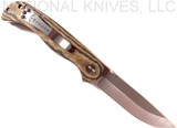 Emerson Knives Folding Steak Knife SF folding knife with thumb disk - shown open pocket clip side.  Satin 154CM stainless steel plain edge blade.  Maple Richlite handle.  Model FSK-SF.
