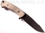 Rick Hinderer Knives The Ranch Harpoon Spanto fixed blade knife - shown out of sheath obverse.  Battle Black 3V steel plain edge blade.  Natural Micarta handle.  Model K605R2SMDB. 