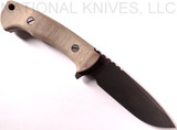 Rick Hinderer Knives The Ranch Drop Point fixed blade knife - shown out of sheath obverse.  Battle Black 3V steel plain edge blade.  Natural Micarta handle.  Model K605R35MDB. 