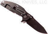 Rick Hinderer Knives Jurassic Slicer folding knife with thumb stud and flipper tab - shown open lock side.  Battle Black 20CV stainless steel plain edge blade.  Blue - black G-10 handle with Battle Black titanium lock side.  Model K201JSGDBK.
For reference only.