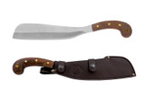 Condor Tool and Knife Village Parang machete - shown out of sheath reverse and in sheath obverse.  420HC stainless steel plain edge blade.  Wood handle.  Model CTK419-12SS.
For reference only.