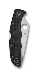 Spyderco Endura 4 folding knife with thumb hole - shown closed pocket clip side.  Satin VG-10 stainless steel combo edge blade.  Black FRN handle.  Model C10PSBK.

