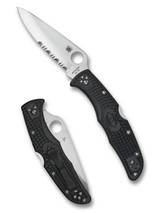 Spyderco Endura 4 folding knife with thumb hole - shown open presentation side and closed pocket clip side. Satin VG-10 stainless steel combo edge blade. Black FRN handle. Model C10PSBK.
Spyderco Endura 4 folding knife with thumb hole - shown open presentation side and closed pocket clip side. Satin VG-10 stainless steel combo edge blade. Black FRN handle. Model C10PSBK.