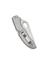 Byrd Harrier 2 folding knife with thumb slot - shown closed pocket clip side.  Satin 8Cr13MoV stainless steel plain edge blade.  Stainless steel handle.  Model BY01P2.