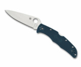 Spyderco Endura 4 folding knife with thumb hole - shown open presentation side.  Satin K390 steel plain edge blade.  Blue FRN handle.  Model C10FPK390.