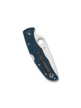 Spyderco Endura 4 folding knife with thumb hole - shown closed pocket clip side.  Satin K390 steel plain edge blade.  Blue FRN handle.  Model C10FPK390.
