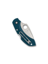 Spyderco Dragonfly 2 folding knife with thumb hole - shown closed pocket clip side.  Satin K390 steel plain edge blade.  Blue FRN handle.  Model C28FP2K390.
